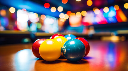 Exciting game in bowling or billiards - obrazy, fototapety, plakaty