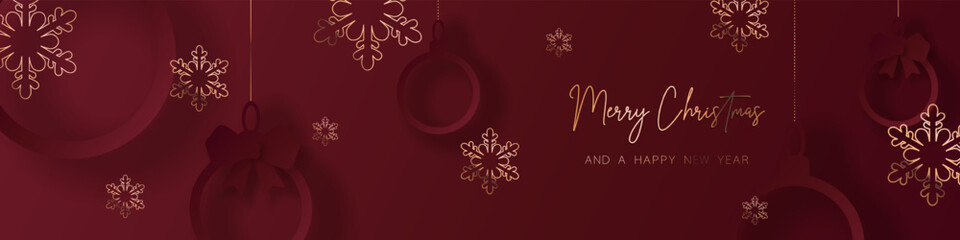 Red gold minimal Christmas banner design. Simple background, elegant geometric minimalistic style. Contemporary papercut luxury greeting backdrop with merry xmas letters for web and advertising.	