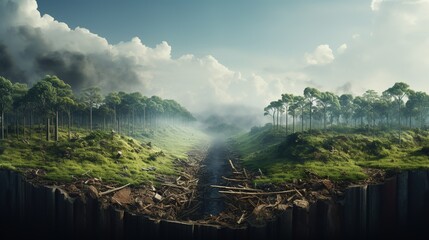 Deforestation concept with cut off tropical forest - obrazy, fototapety, plakaty