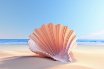 Three-Dimensional Seashell on Beautiful Beach Background. Clean and Blank Decoration Design with Copy Space