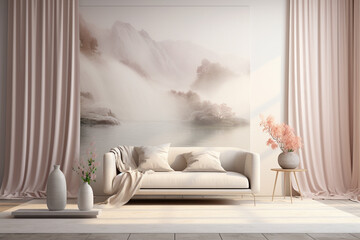 Fototapeta na wymiar A serene living room with an empty wall mockup, pastel colors, sheer curtains, and a tranquil water feature.