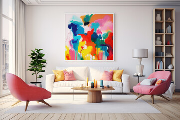 A vibrant living room with an empty wall mockup, bold graphic art, modern furniture, and pops of bright colors.
