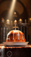 Easter kulich with cross, beam of light from behind, generative AI