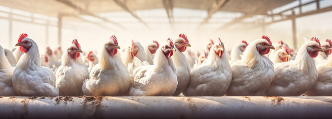A lot of white chickens at the poultry farm, generative AI - obrazy, fototapety, plakaty