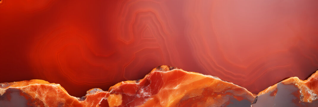 The intricate patterns of a red agate stone slice create a captivating abstract background, with rich, warm tones and natural lines showcasing the beauty of geology.