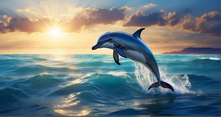A magnificent seascape with deep blue waters, where a colossal dolphin leaps gracefully above the surface, showcasing its incredible size, and a graceful mermaid glides -Generative Ai