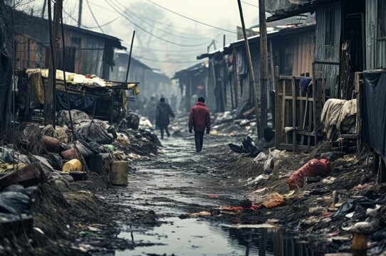 Malnourished people living in poverty background. Desolate street. Generate ai