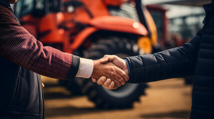 Close up view of buyer and dealer handshake at tractor dealership.Buying new tractor agricultural machine.