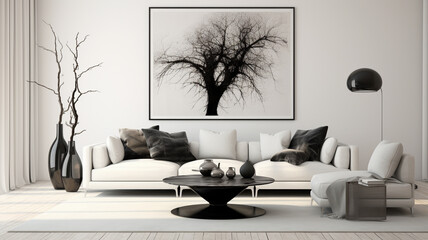 Monochromatic living room with a blank wall, black and white decor, and modern art pieces.