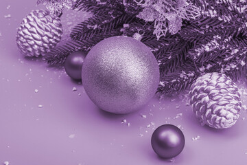 Traditional New Year composition. Festive decor, snowy Christmas tree branches, balls, flowers