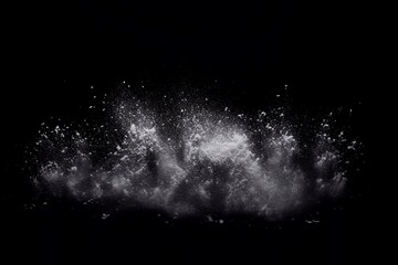 Explosion of white powder isolated on black background. Abstract white dust cloud texture. Snowstorm at night
