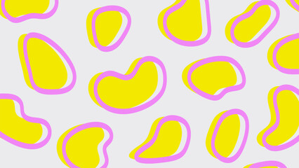 Abstract doodle yellow shapes with pink outline on beige background. Hand drawn minimalist art pattern. Trendy design with liquid shapes and figures