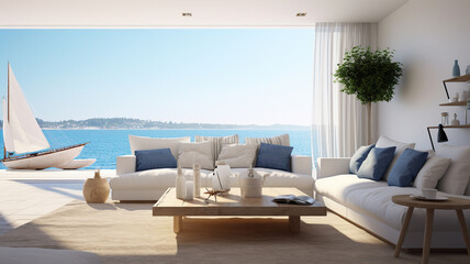 Fototapeta na wymiar Oceanfront living room with an empty wall, panoramic sea views, and a nautical theme.