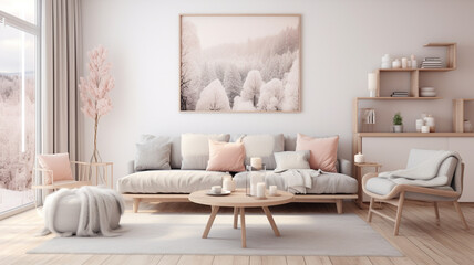 Fototapeta na wymiar Scandinavian living room with a clean wall, hygge style, and soft pastels.