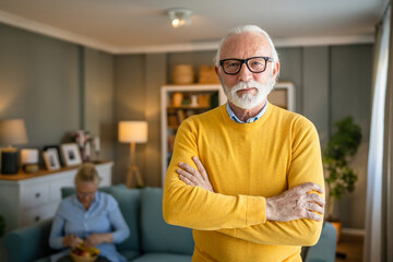 Obraz premium Portrait of one senior man with beard and gray hair happy smile