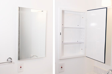 Empty Bathroom Medicine Cabinet With Mirror Open And Closed, White Walls. Pills And Drug Medicament Container Mockup. Open Mirror Door Stand. Horizontal Plane, Template.