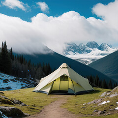A large ness tent in the cold misty mountains with snow in the background while on a backpacking trip.