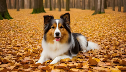 Long haired dog on brown leaves