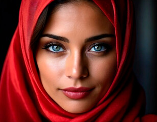 Naklejka premium Close-up of a Girl's Magnetic Gaze with Ocean Blue Eyes. Portrait of a Woman in Red Hijab on a Black Background. Celebrating World Hijab Day (World Hijab Day). Free Copy Space.