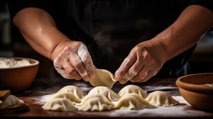 Fototapeta na wymiar hands skillfully folding traditional chinese dumplings generative ai
