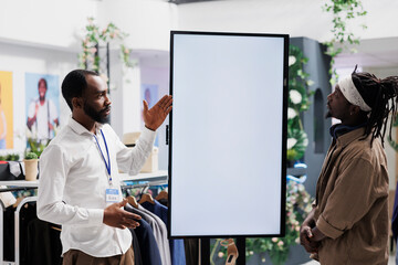 Clothing store assistant showing brand promotion on digital screen to customer. Mall worker advertising shoes new collection and offering client to check options on interactive white display