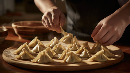 hands skillfully folding traditional chinese dumplings generative ai - obrazy, fototapety, plakaty