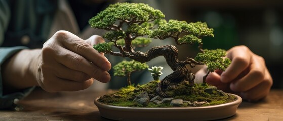 Artisan carefully pruning and styling bonsai tree, demonstrating dedication and precision in tranquil setting. Traditional Japanese horticulture.