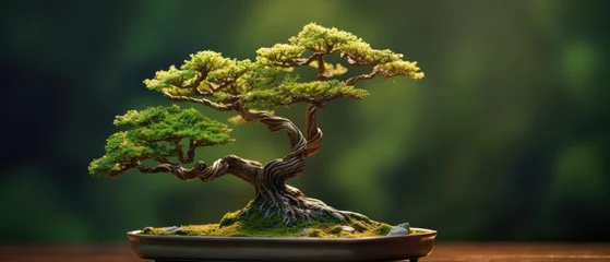 Foto op Plexiglas anti-reflex Elegant miniature bonsai tree on display with soft lighting and natural blurred backdrop. Traditional Japanese art of gardening. © Postproduction