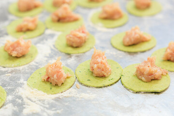 Dumplings on the metal surface of the culinary workshop. Background with selective focus and copy space