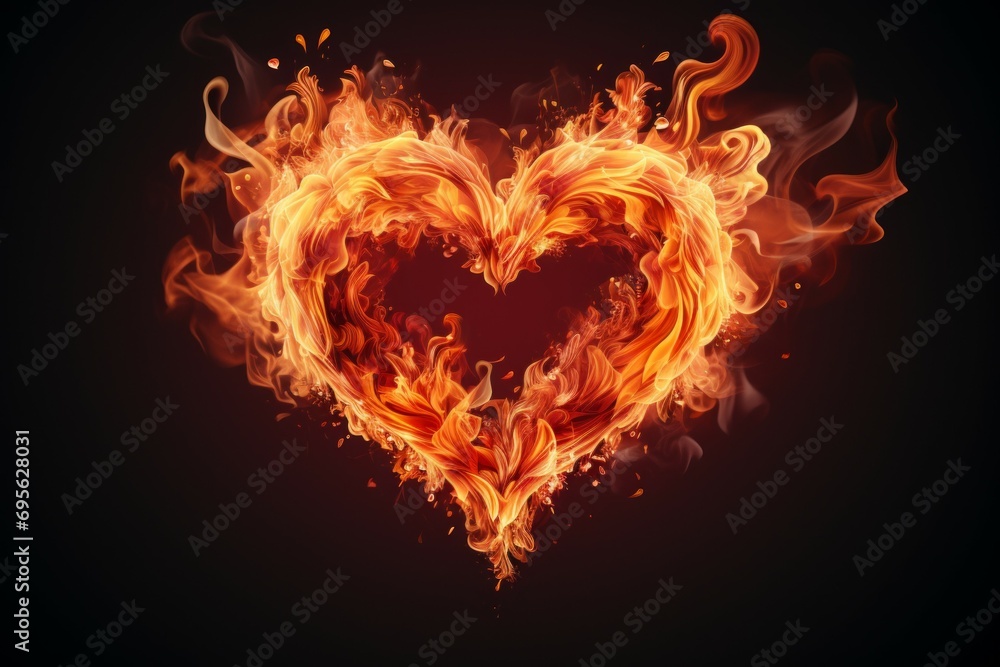 Poster fire flame in the shape of a heart. background with selective focus with copy space