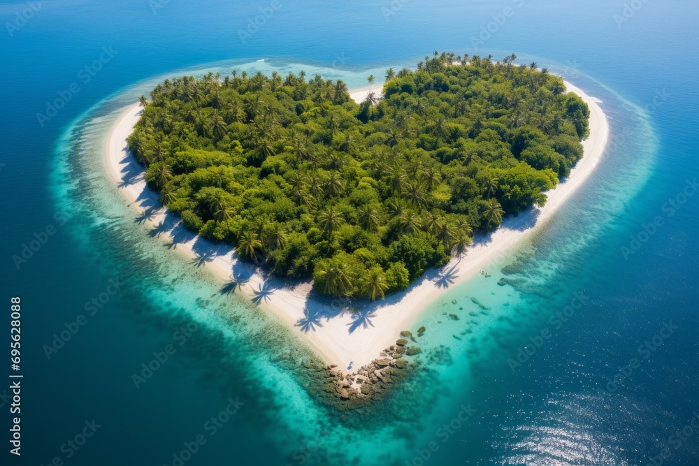 Poster southern resort island in the shape of a heart. background with selective focus and copy space