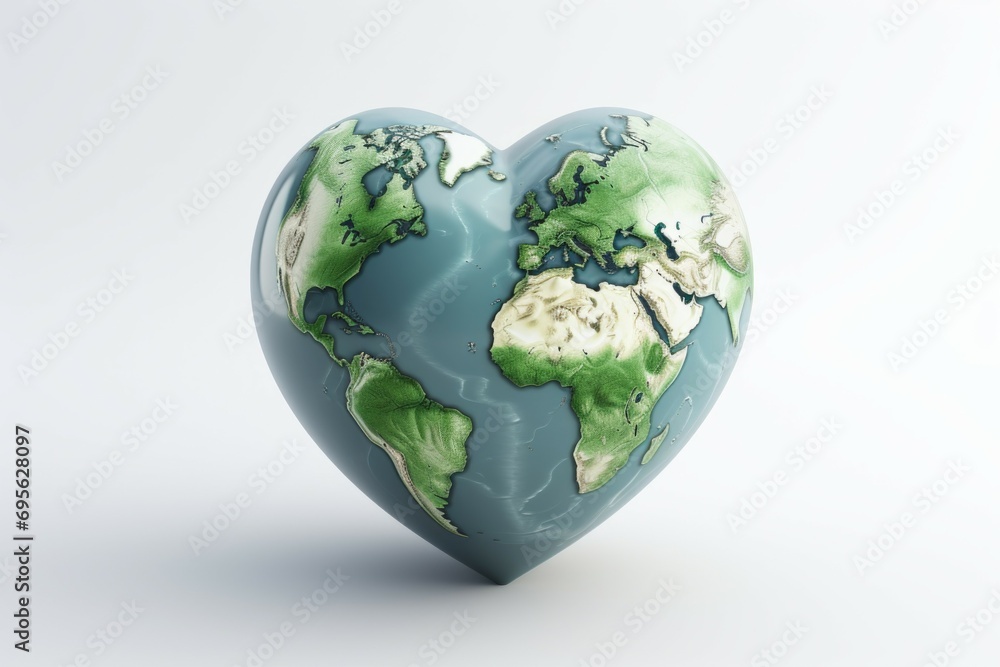 Poster planet earth in the shape of a heart with selective focus and copy space