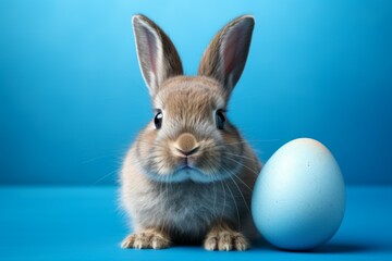 Easter bunny with eggs on a blue studio background with selective focus and copy space