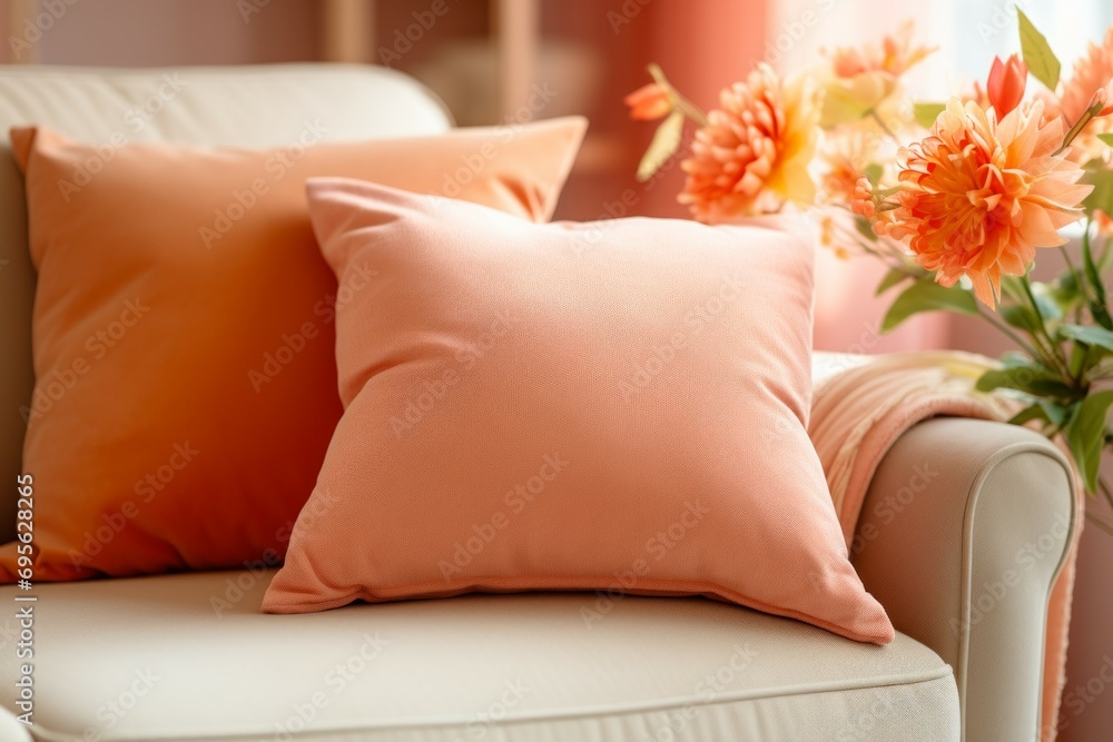 Aufkleber pillow in trendy color peach fuzz. background with selective focus and copy space