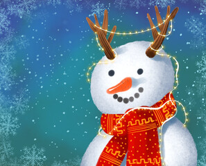 drawn christmas card. snowman on a postcard - 695628240