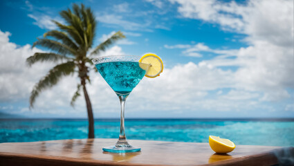 Blue cocktail in a beautiful glass, lemon, day against the sea