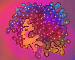 purple hand drawn portrait of a girl with hair - 695628267