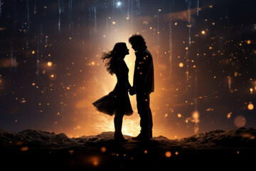 Star-crossed lovers silhouetted against a galaxy backdrop, illustrating the timeless theme of...