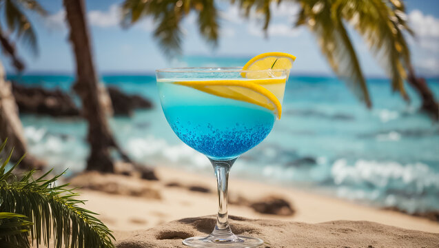 Blue cocktail in a beautiful glass, lemon, day against the sea decoration
