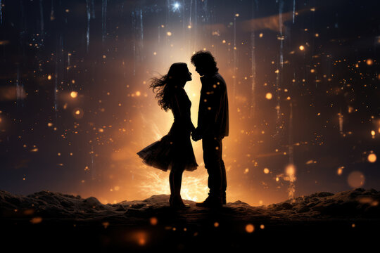 Star-crossed lovers silhouetted against a galaxy backdrop, illustrating the timeless theme of cosmic love. Generative Ai.