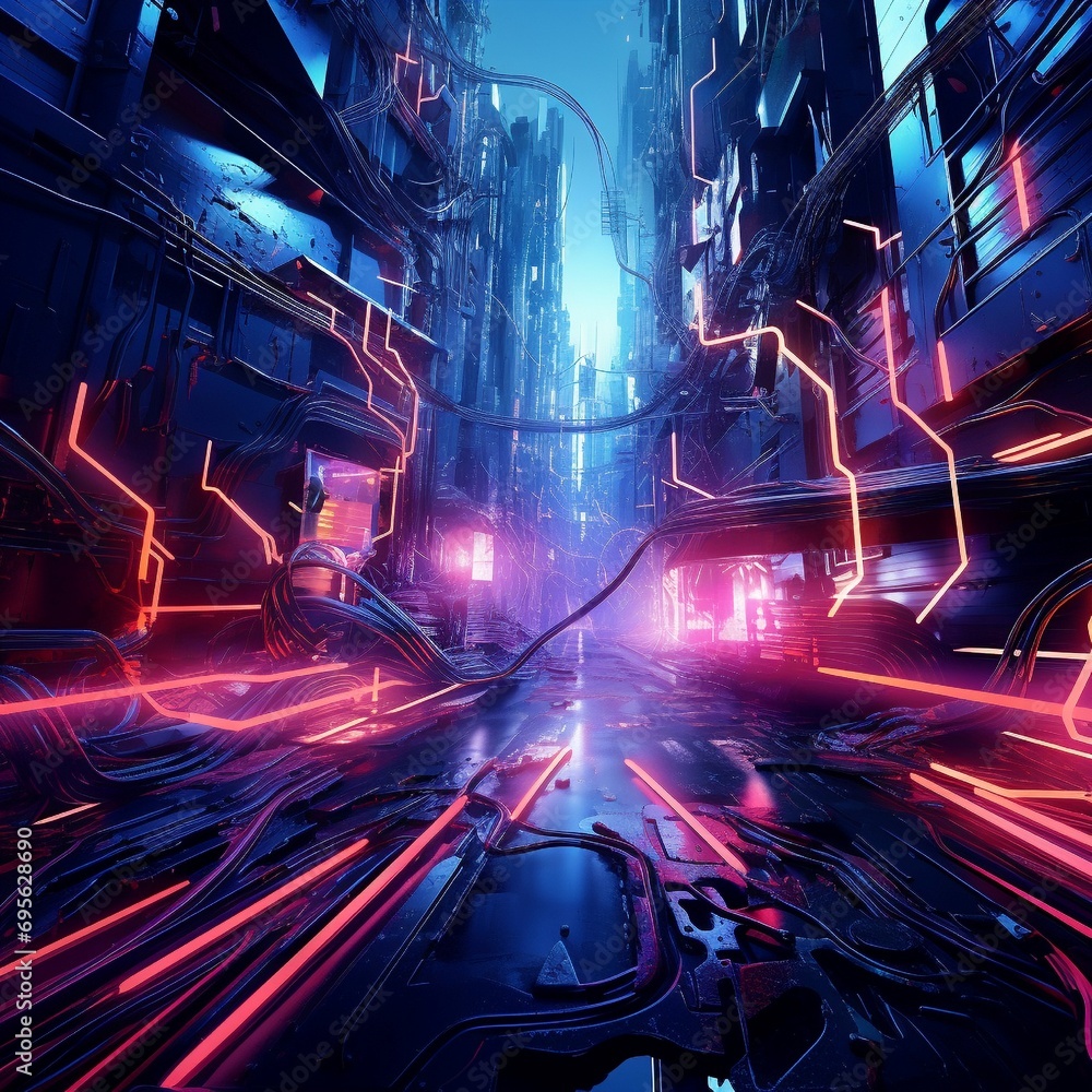 Sticker an intricate digital abstract composition featuring a fusion of neon lights and fluid lines against 