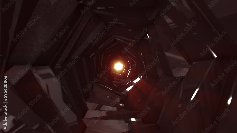 Poster abstract metallic shiny dark black polyhedral tunnel frame from lines of hexagonal edges, mechanical