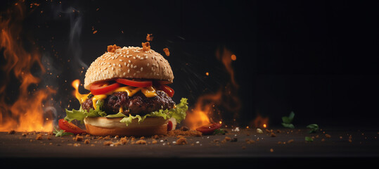 fresh prime chick patty angus or wagyu beef burger sandwich with flying ingredients and spices hot ready to serve and eat food commercial advertisement menu banner with copy space area