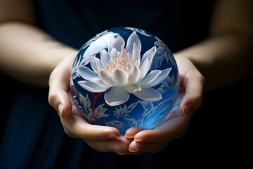 Round Lotus glass ball. Spiritual art crystal. Generate Ai