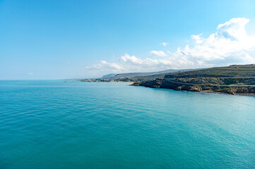 Unique aerial panoramic skyline view of Kokkini Hani summer vacation resort region cooastline seascape, Crete, Aegean Sea Greek Islands, Greece. Travel concept.