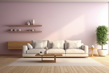 Interior design of living room with copy space, beige sofa, side table, leaf in vase, pouf, elegant accessories and boucle rug. Beige pink wall. Minimalist home decor. Template.