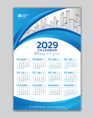 Wall calendar 2029 year blue template vector with Place for Photo and Logo. Week Starts on sunday. desk calendar 2029 design, Set of 12 Months, printing media, poster, calendar 2029 design - obrazy, fototapety, plakaty