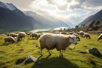 Fototapeta premium Grazing sheep create a serene scene on the green mountain