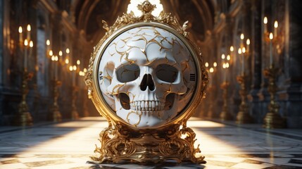 ornate marble sculpture with gold skull clock