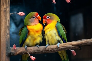 Closeup magic Colorful and beautiful love birds captivate the eye - obrazy, fototapety, plakaty